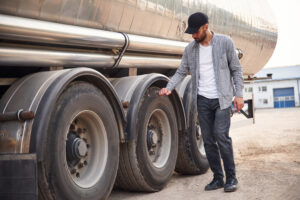 truck driver checking his tires