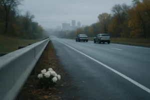 Minnesota car accident wrongful death claim represented by a quiet Minneapolis roadway and memorial flowers