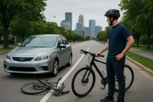 Minneapolis bicycle accident claim scene with cyclist, bicycle, and stopped car