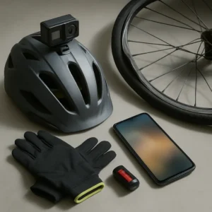 Bicycle crash evidence including helmet camera, damaged wheel, and cycling gear