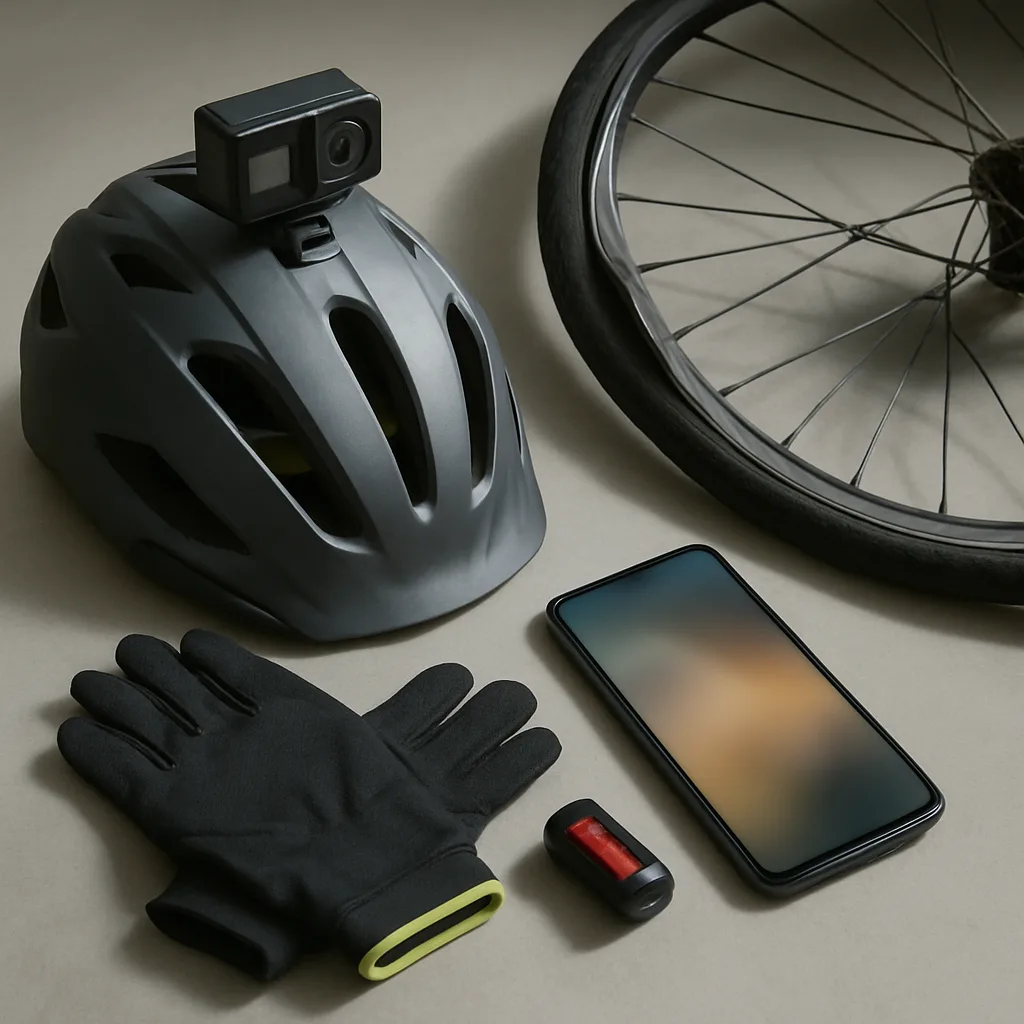 Bicycle crash evidence including helmet camera, damaged wheel, and cycling gear