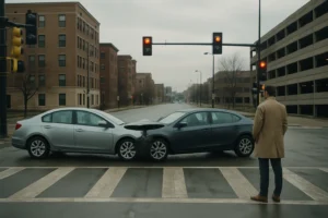 Minneapolis intersection accident evidence scene with vehicles, traffic signals, and lane paths