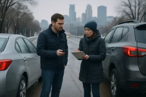 Minnesota rear-end accident fault scene with two vehicles on a Minneapolis roadway