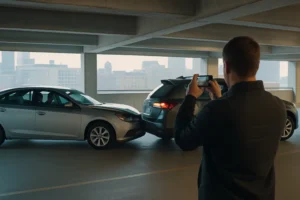 Parking lot accident lawyer Minneapolis scene showing vehicles after a private-property crash