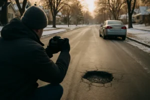 Minneapolis pothole accident claim investigation on a damaged city roadway