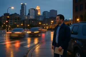Psychological injury after a Minneapolis crash represented by a calm urban recovery scene