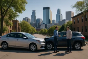 Uninsured driver accident claim Minnesota scene with vehicles stopped on a Minneapolis street