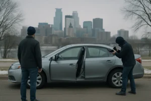 Minnesota seat belt defense car accident evidence beside a vehicle in Minneapolis